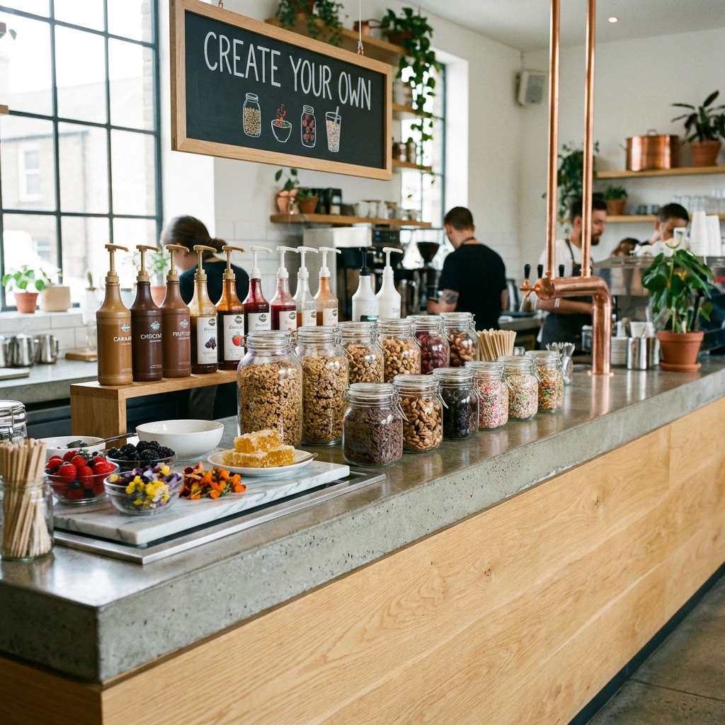 Cafe topping bar with jars, syrups, fruit, and a "CREATE YOUR OWN" sign.
